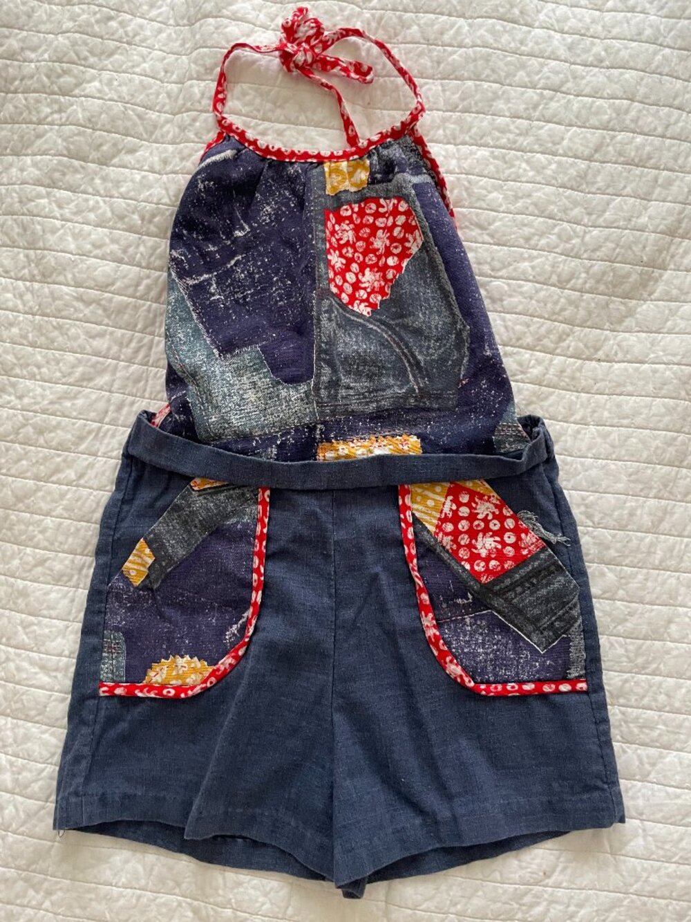 Vintage 1970s Toddler Patchwork Print Halter Short Romper - Red/Blue - Size 2T